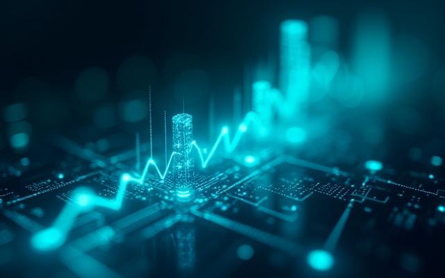 Abstract depiction of technology stacks and investment growth represented by upward trending lines and glowing circuits, for tech investments.